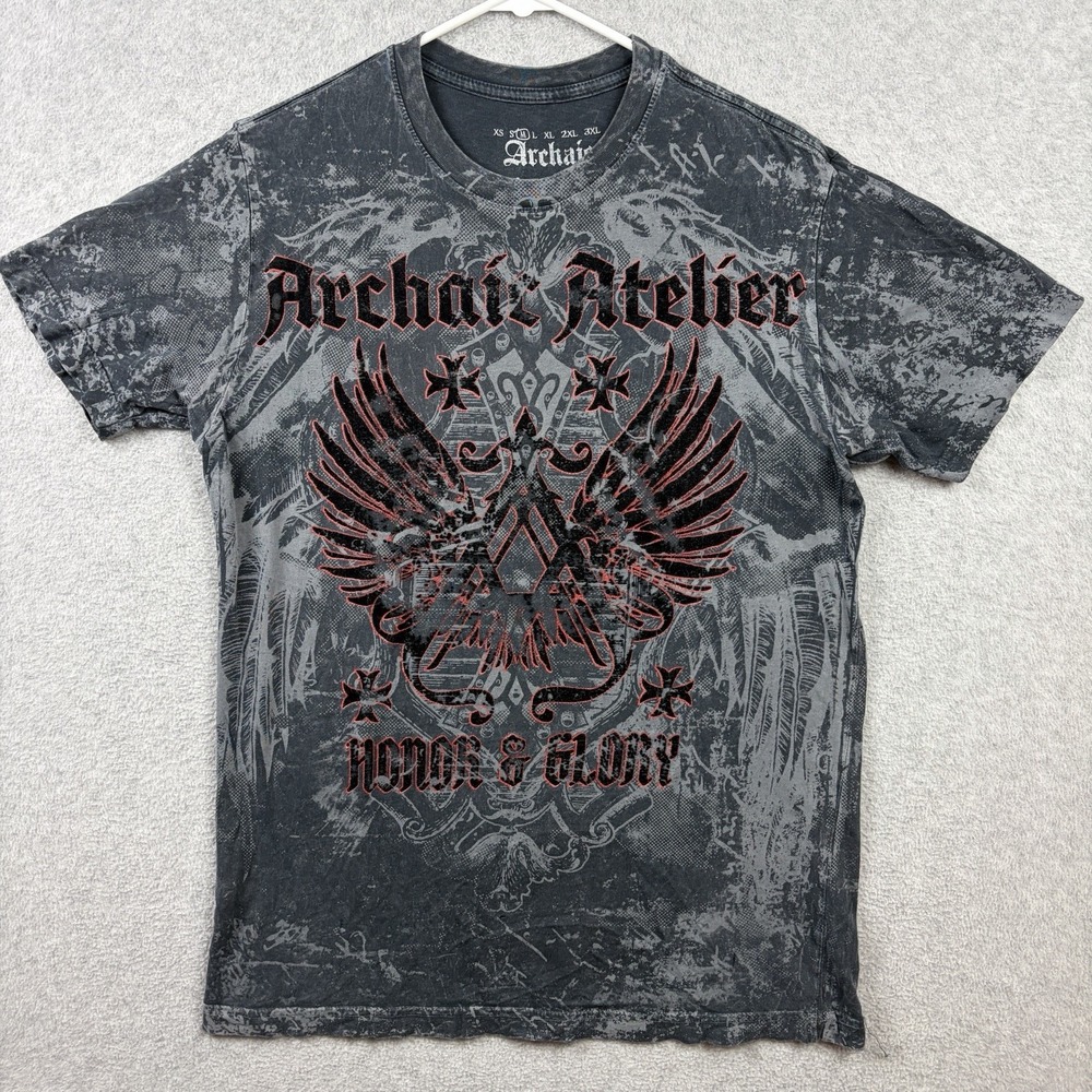 Archaic Affliction T Shirt Mens Medium Gray Wings Cross AOP Graphic Cyber Y2K